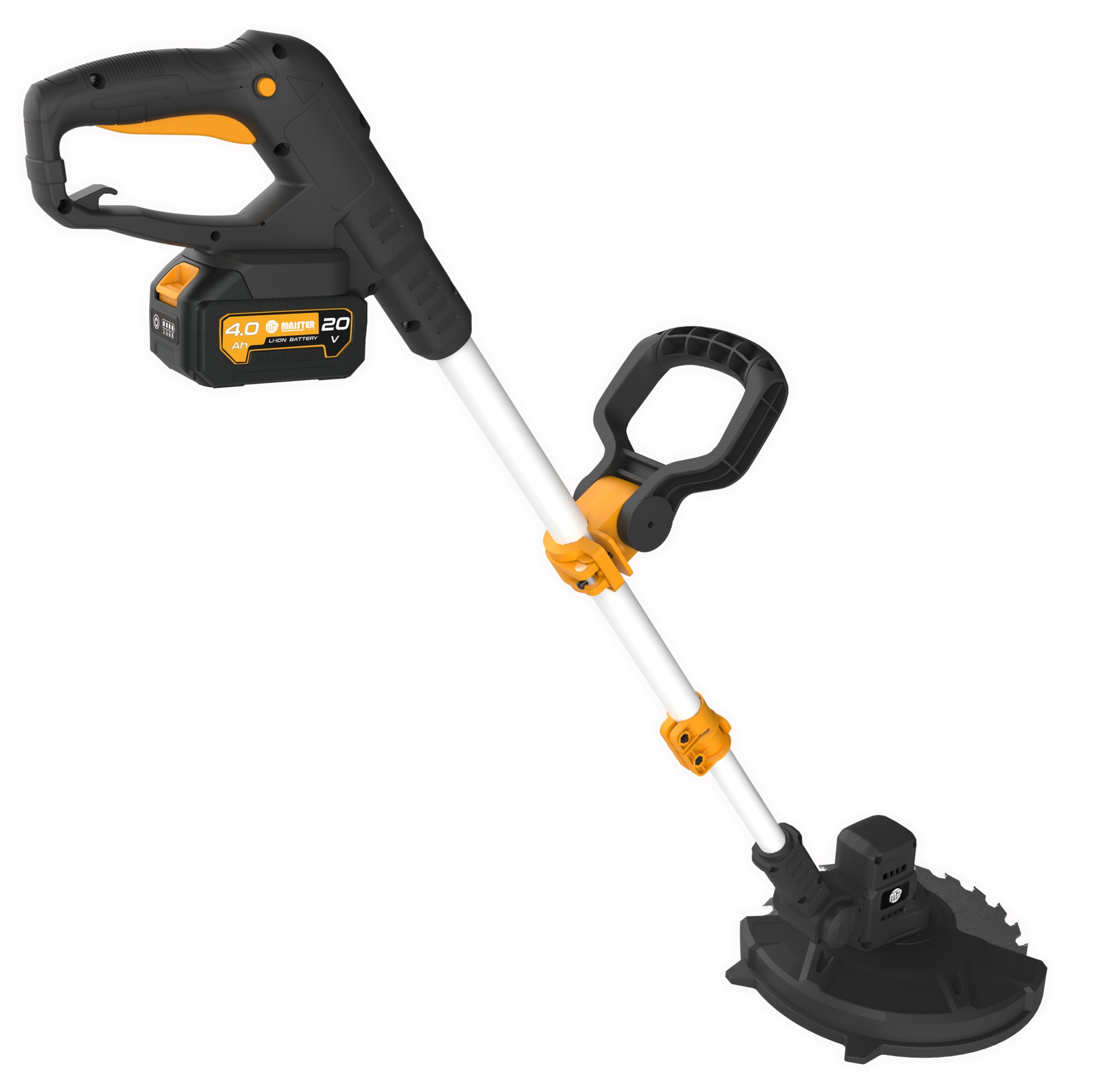 Podkaszarka koloru czarnego z pomarańczowymi elementami, takimi jak uchwyt i elementy regulacyjne. 